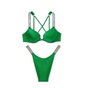 VICTORIA'S SECRET Bombshell 32C/S Bikini Swim Shine Strap Top Brazilian Bottom